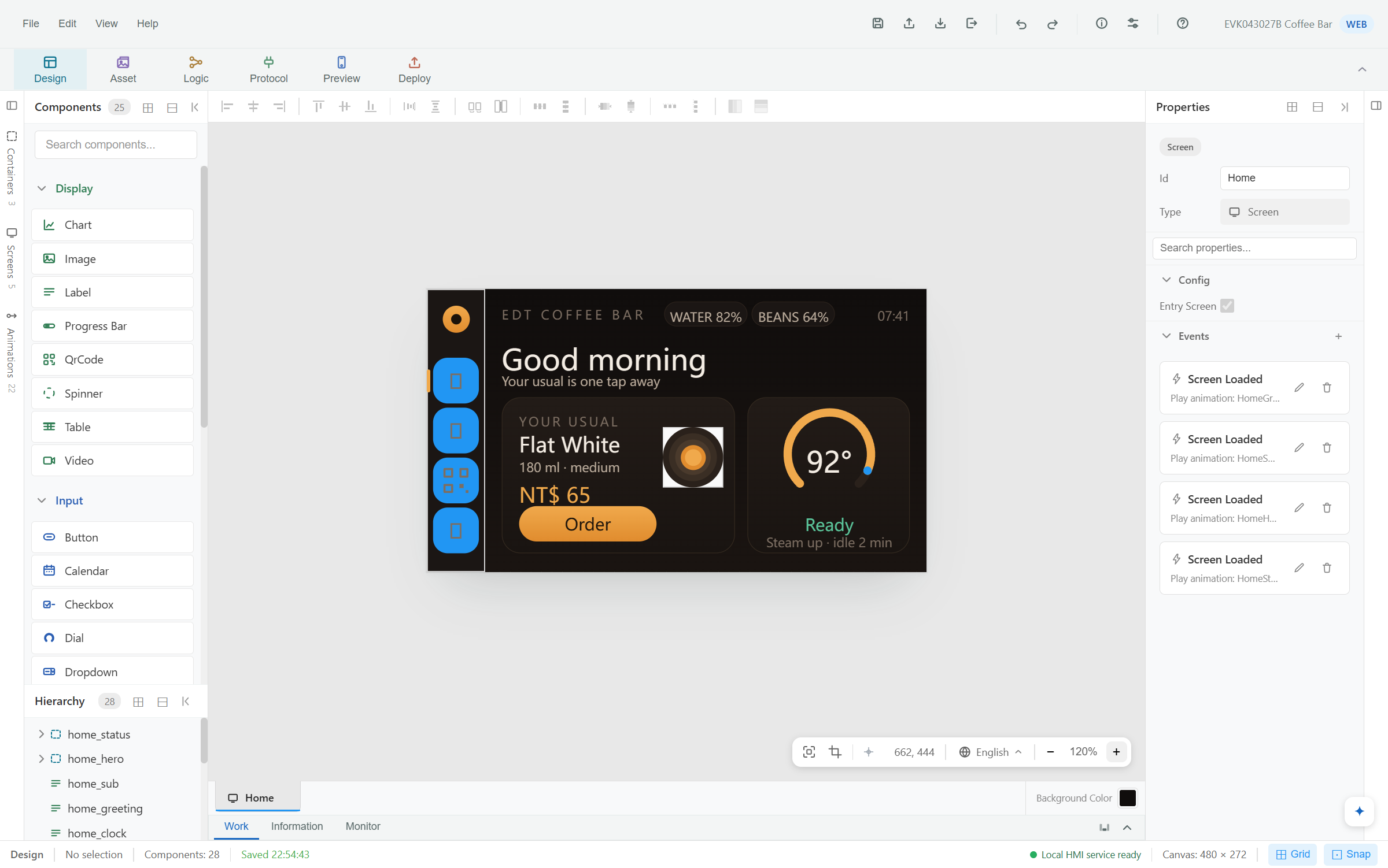 The Design workspace of EDT HMI Studio: a coffee machine HMI on the canvas, the widget palette on the left, the selected screen's properties on the right.